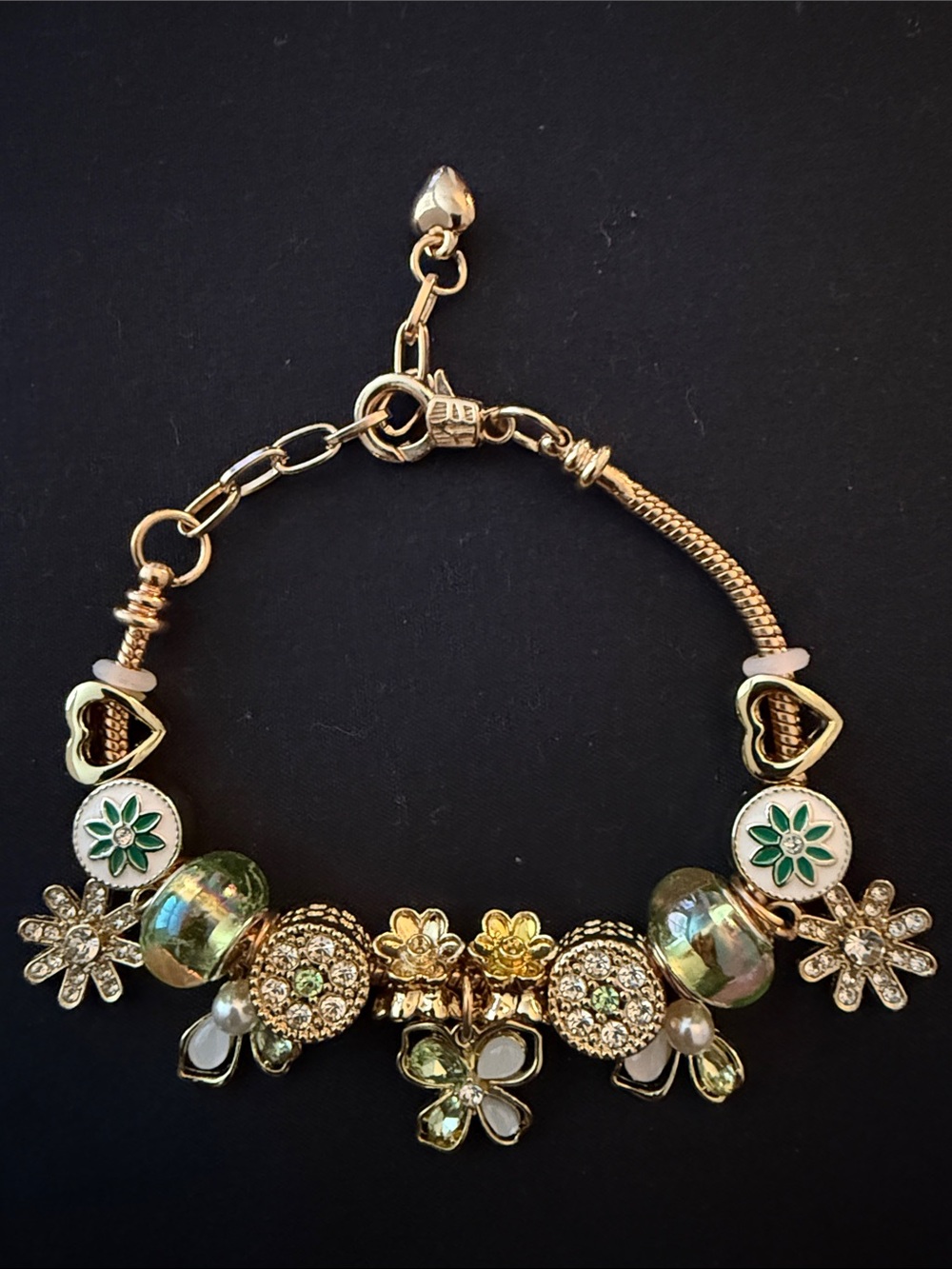 Gold-Tone Green Floral Charm Bracelet - Women Jewelry